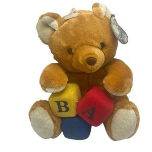 Lemonwood Asia 10” Plush Teddy Bear Tan Cub ALPHABET BLOCKS Red Yellow Blue Toy